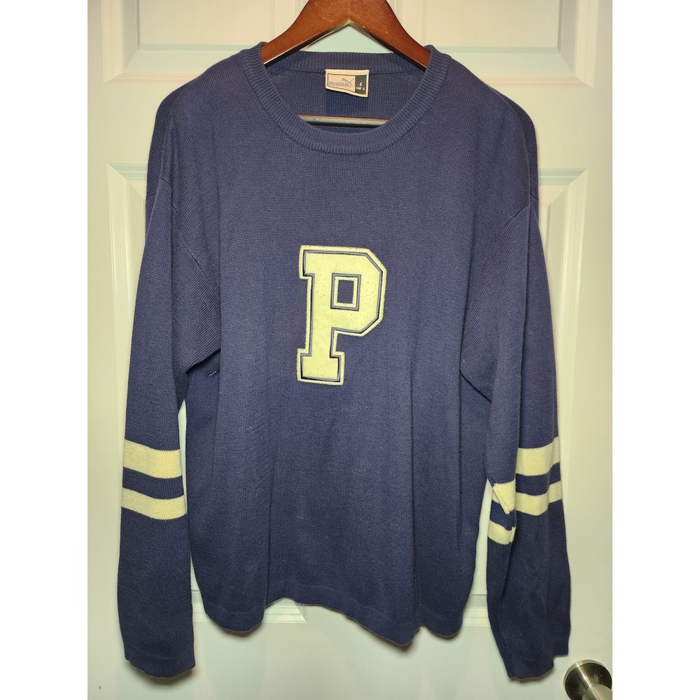 Vintage 90s Puma Varsity Crewneck Sweater Navy Blue Chenille P Patch Men's Large